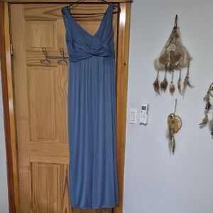 David's Bridal Dusty Blue Sleeveless Maxi Dress with Twisted Bodice